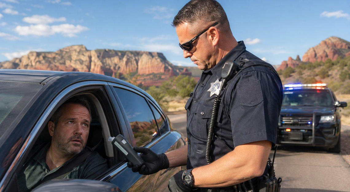 Police officer administering a breathalyzer test to a driver on a desert highway in Arizona with a sheriff's patrol car nearby.