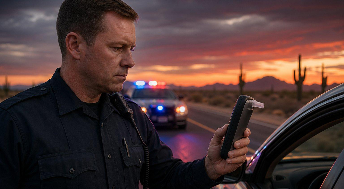 Police officer holding a breathalyzer near a car on a desert highway at sunset.