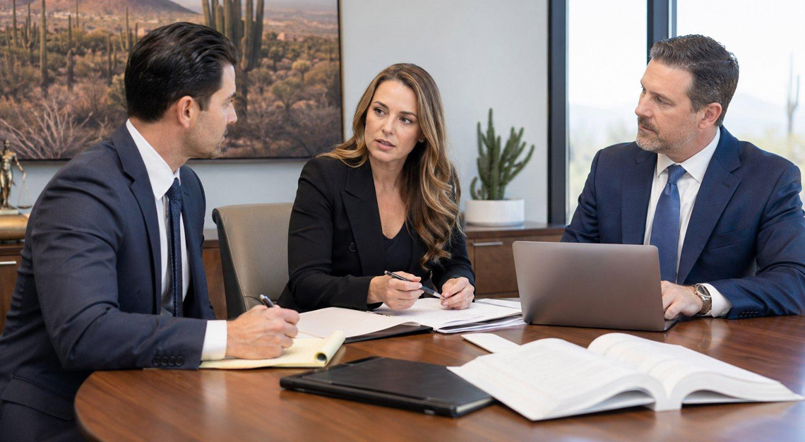 A group of attorneys discussing legal documents in a modern office with Arizona-themed decor.