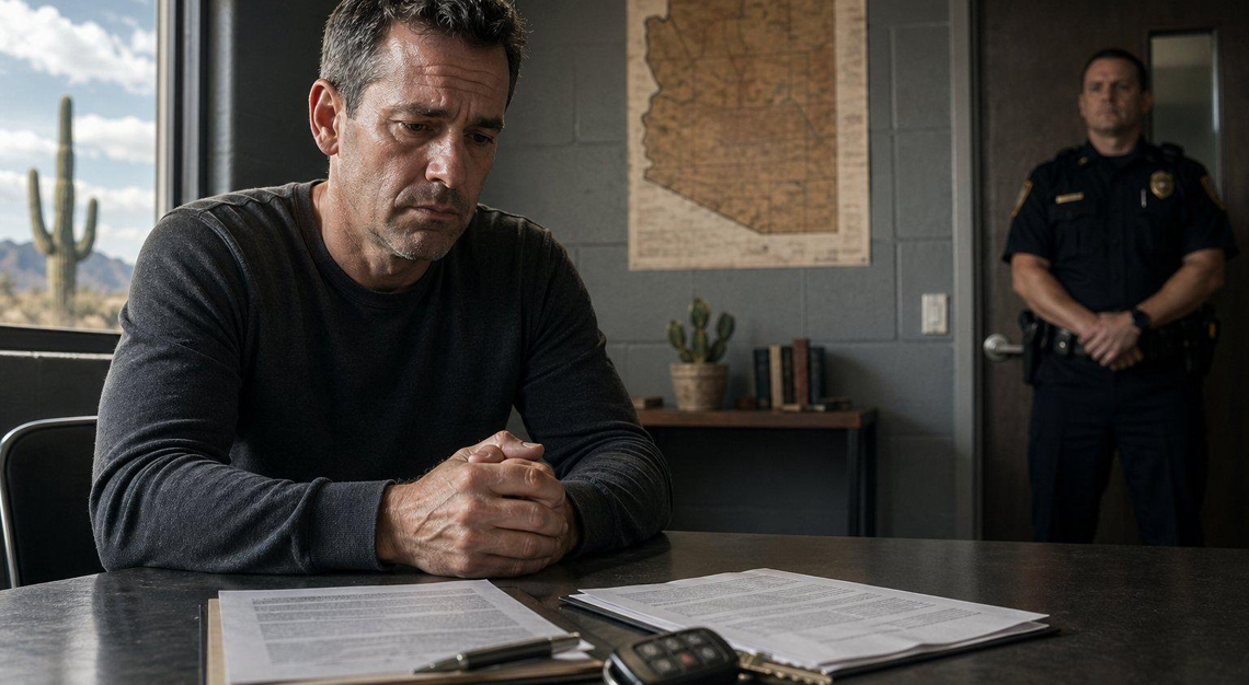 A worried man sitting at a table in a police interrogation room with a police officer standing nearby and Arizona-themed decorations in the background.
