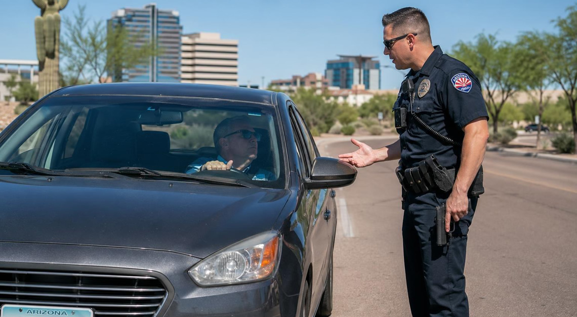 A police officer talks to a driver during a daytime traffic stop on a city street in Arizona.