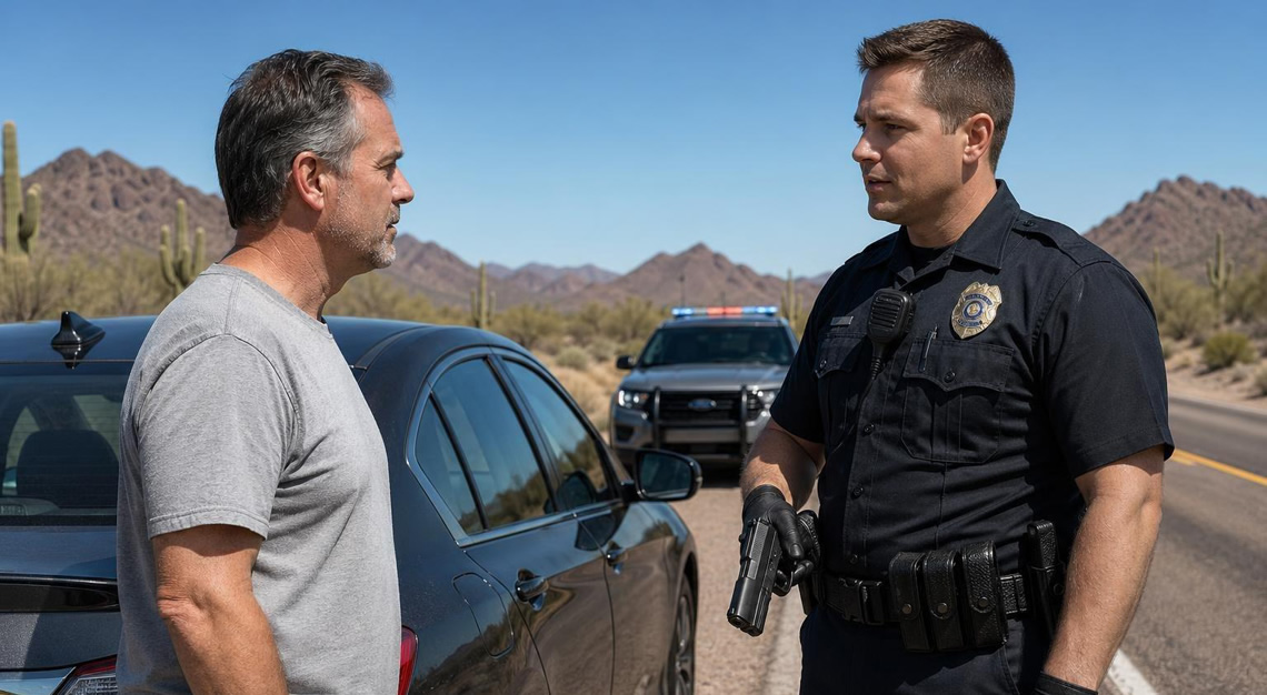 A police officer holding a firearm talks calmly with a man beside his car during a traffic stop on a sunny Arizona roadside.