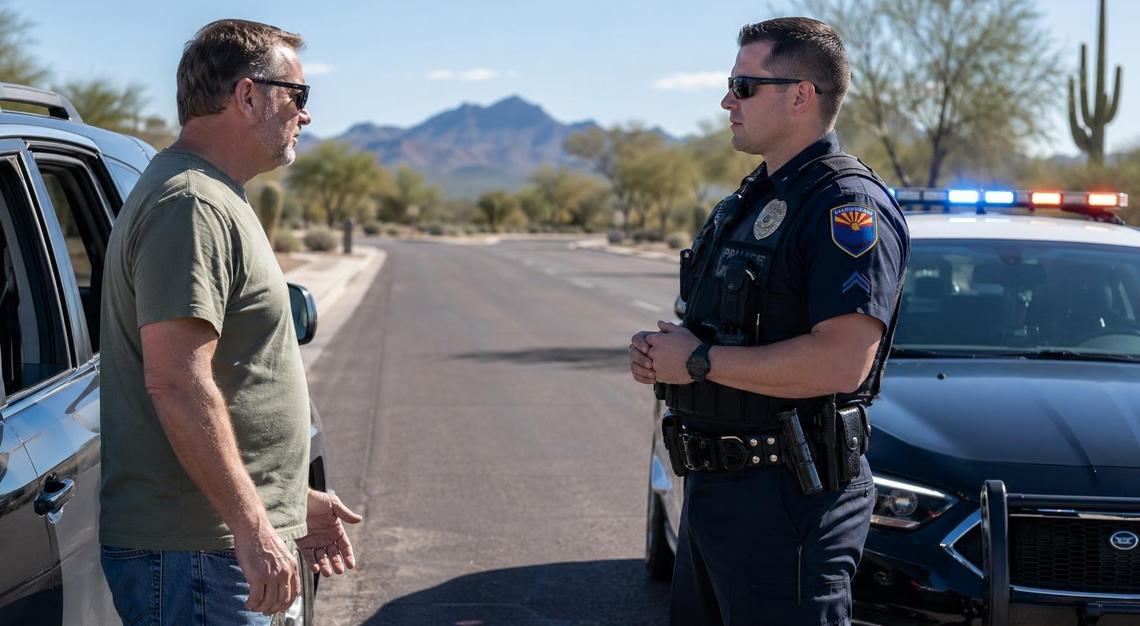 A police officer and a civilian calmly interacting during a traffic stop on a sunny Arizona road with desert plants in the background.