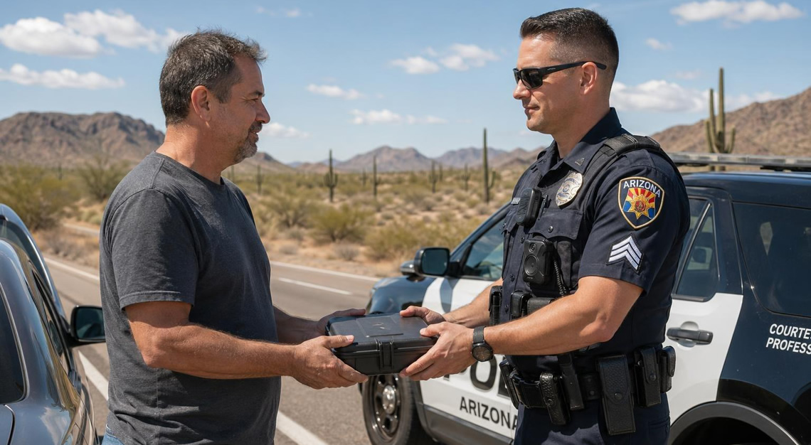 A police officer returning a locked gun case to a man during a traffic stop on a sunny Arizona highway with desert scenery in the background.