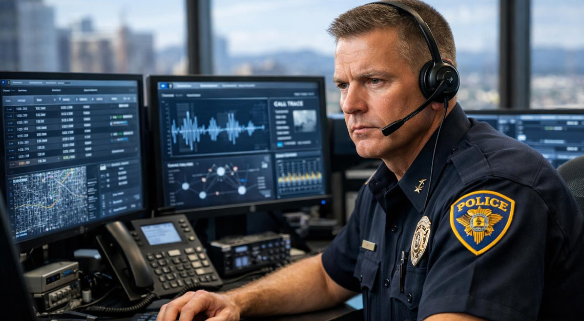 A police officer in uniform working at a desk with multiple computer screens and surveillance equipment in an office.