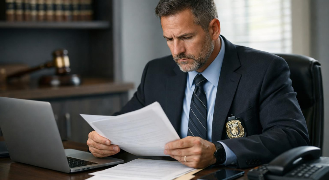 A police officer reviewing legal documents in an office with a judge's gavel and legal books in the background.