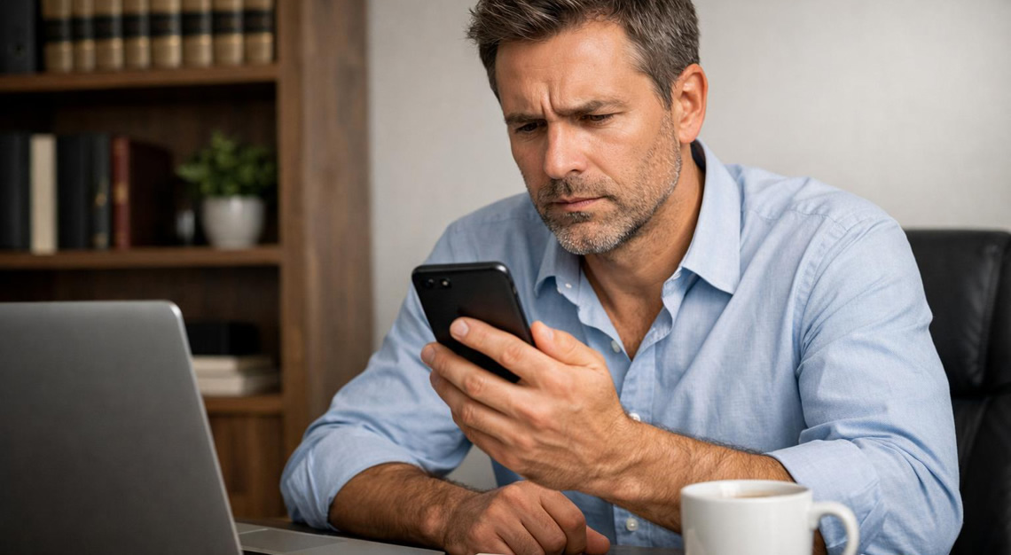 A man sitting at a desk looking closely at his smartphone with a laptop and books in the background.