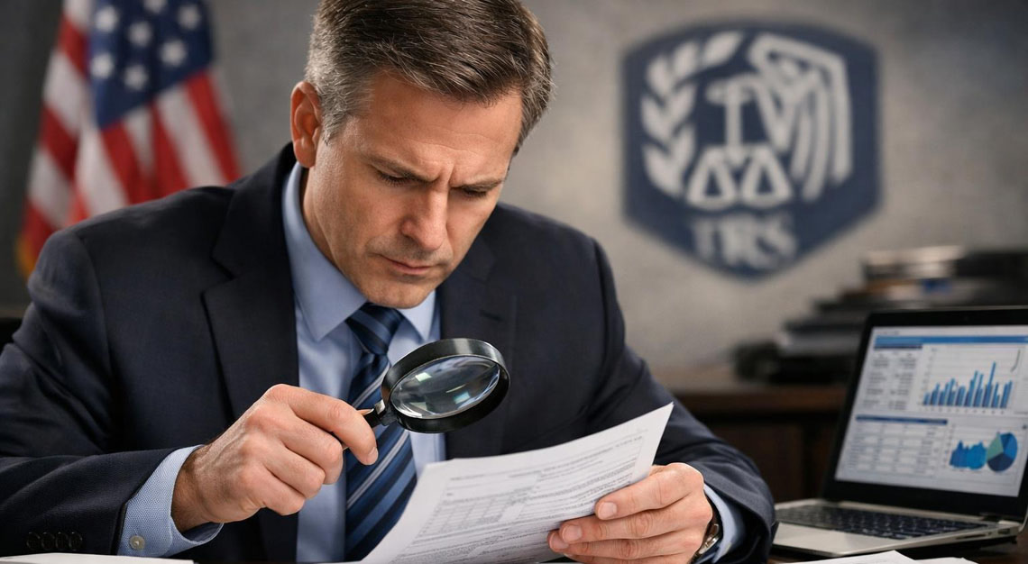 Professionals in an office reviewing financial documents and charts related to tax fraud investigations.