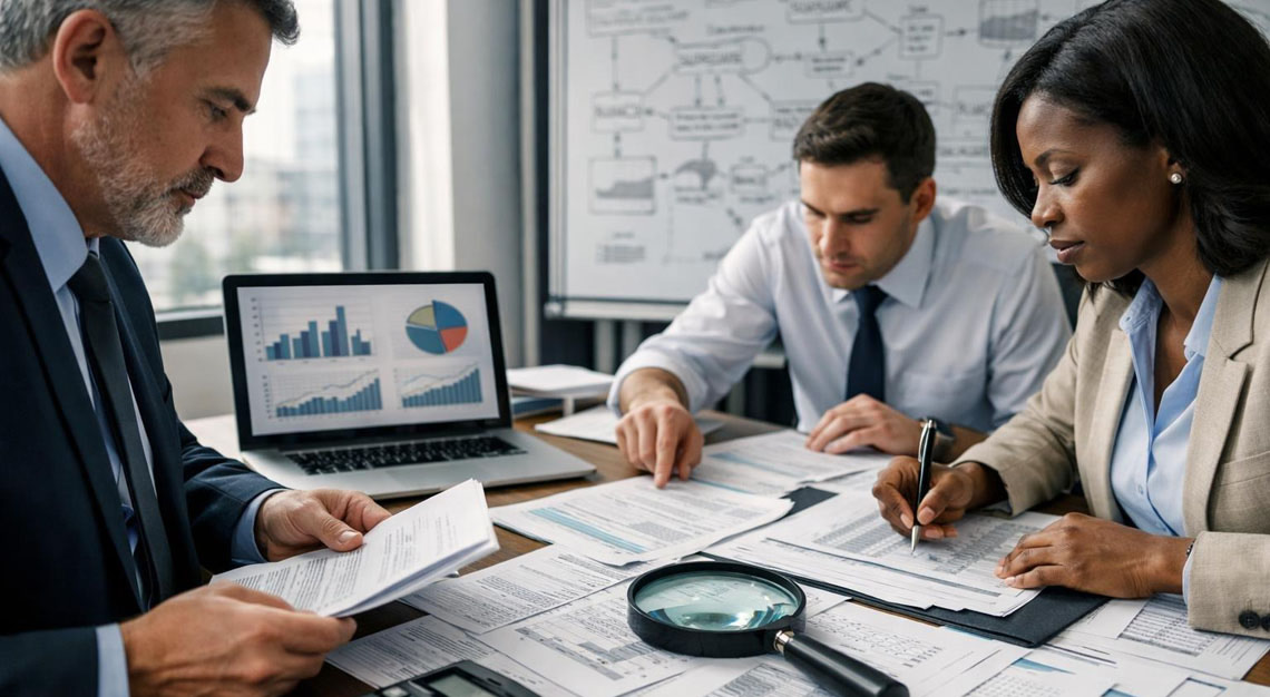 A government investigator reviewing financial documents at a desk with a laptop and tax forms, with an American flag and IRS emblem in the background.