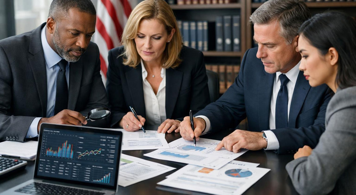 A group of professionals reviewing financial documents and charts in an office setting related to tax fraud investigation.