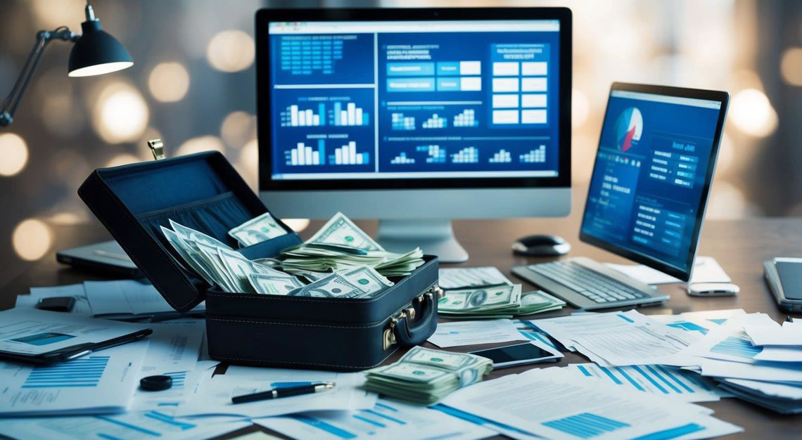 A cluttered desk with scattered financial documents, a computer screen displaying fraudulent transactions, and a briefcase filled with embezzled funds