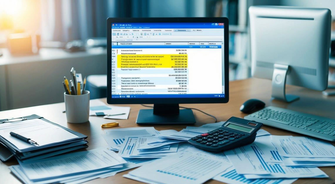 A cluttered desk with scattered financial documents, a calculator, and a computer screen showing fraudulent transactions