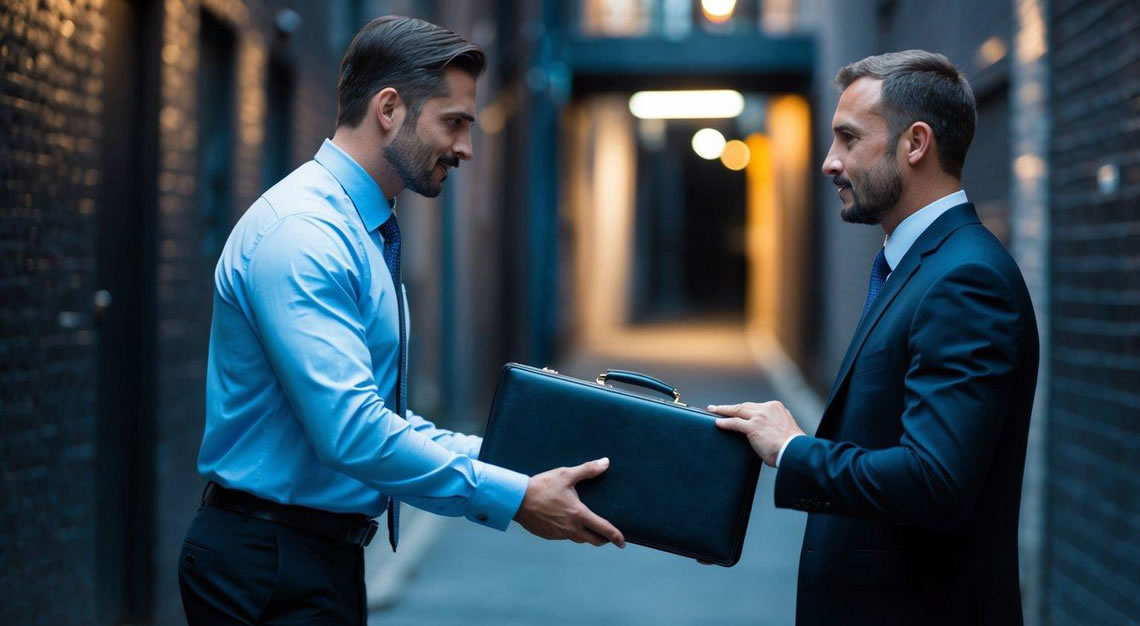 A businessman passing a briefcase to another in a dimly lit alleyway