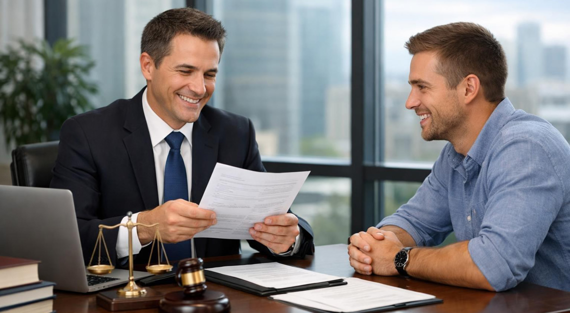 A lawyer and client discussing traffic ticket documents in a modern office.