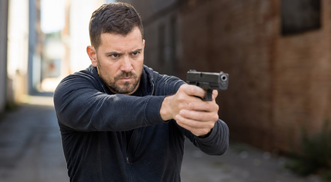 An adult aiming a handgun in an outdoor urban setting, demonstrating a self-defense shooting stance.