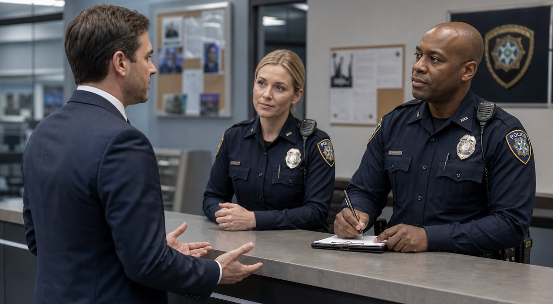 A civilian calmly speaking with two police officers at a police station reception desk.