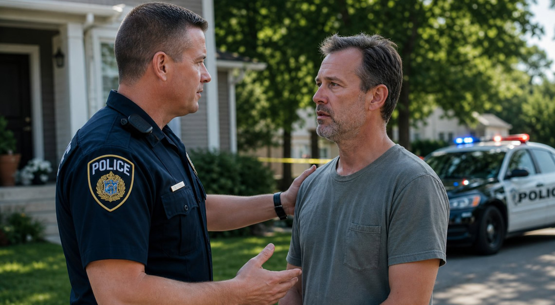 Police officer talking to a concerned man near a suburban home with a police car and caution tape in the background.