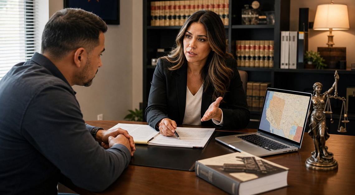 A lawyer consulting with a client in a modern office, discussing legal documents with an Arizona state flag in the background.