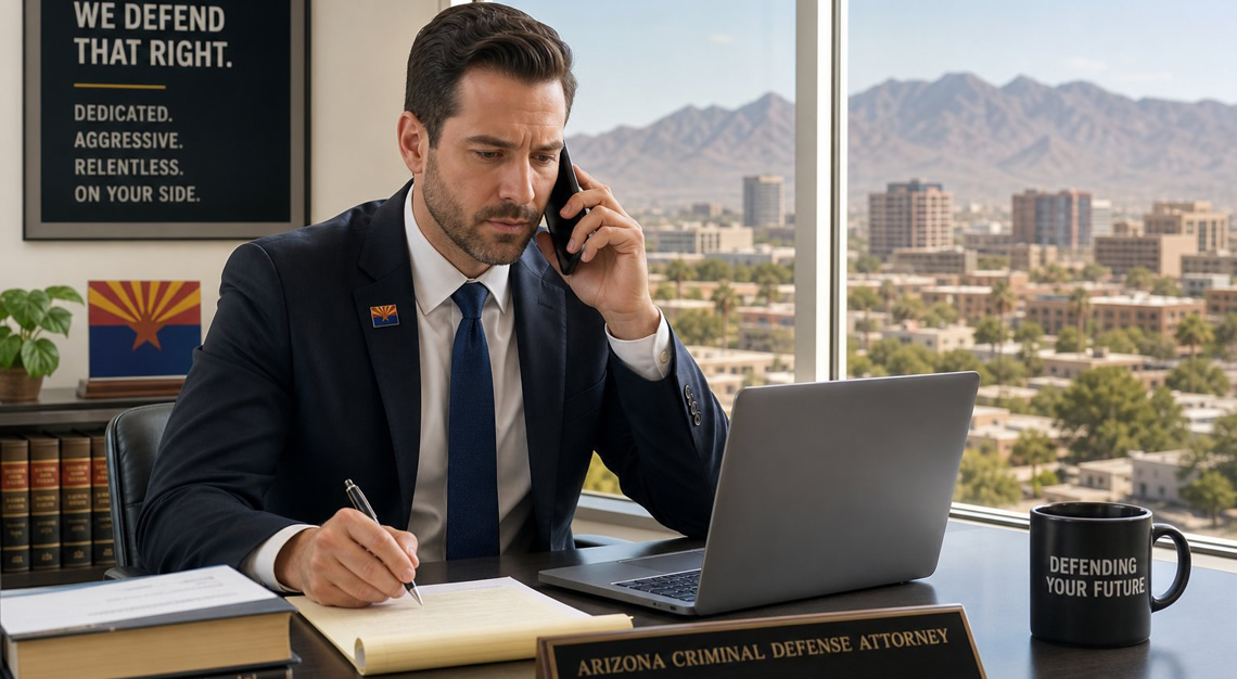 A serious male attorney in a suit talking on the phone in a modern office with a view of an Arizona city and desert mountains.