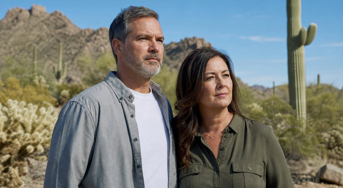 A middle-aged man and woman standing thoughtfully in a desert landscape with cacti and clear skies.