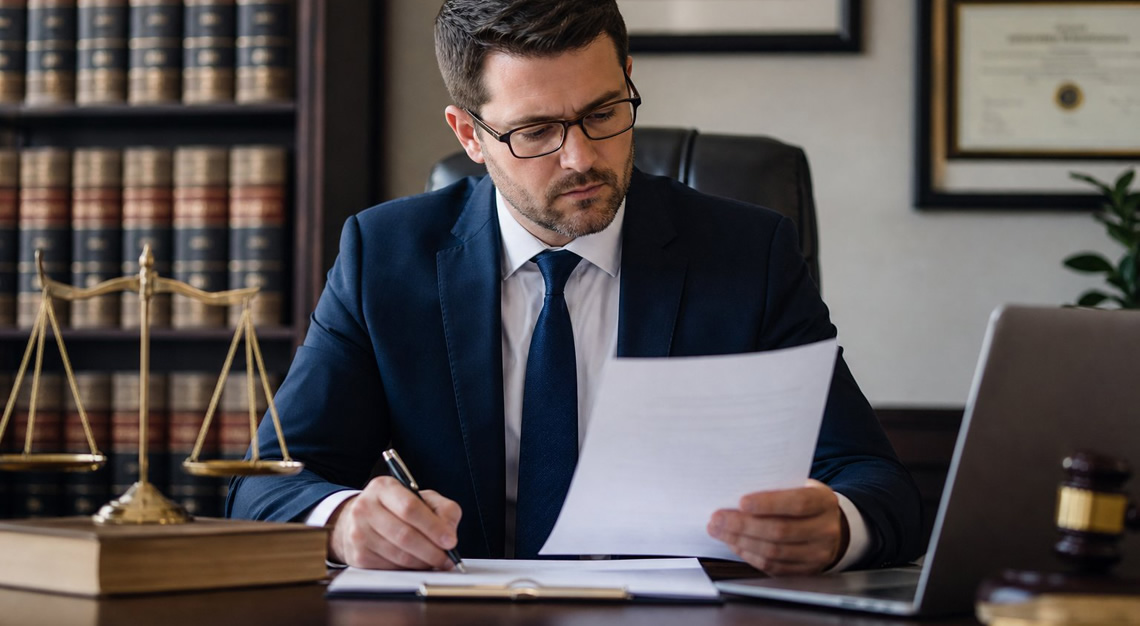 A male attorney in a suit reviewing legal documents in an office with law books and a scale of justice.