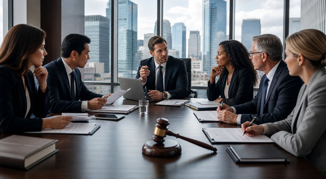 Business professionals in a meeting room with documents and a gavel, discussing legal and corporate matters.
