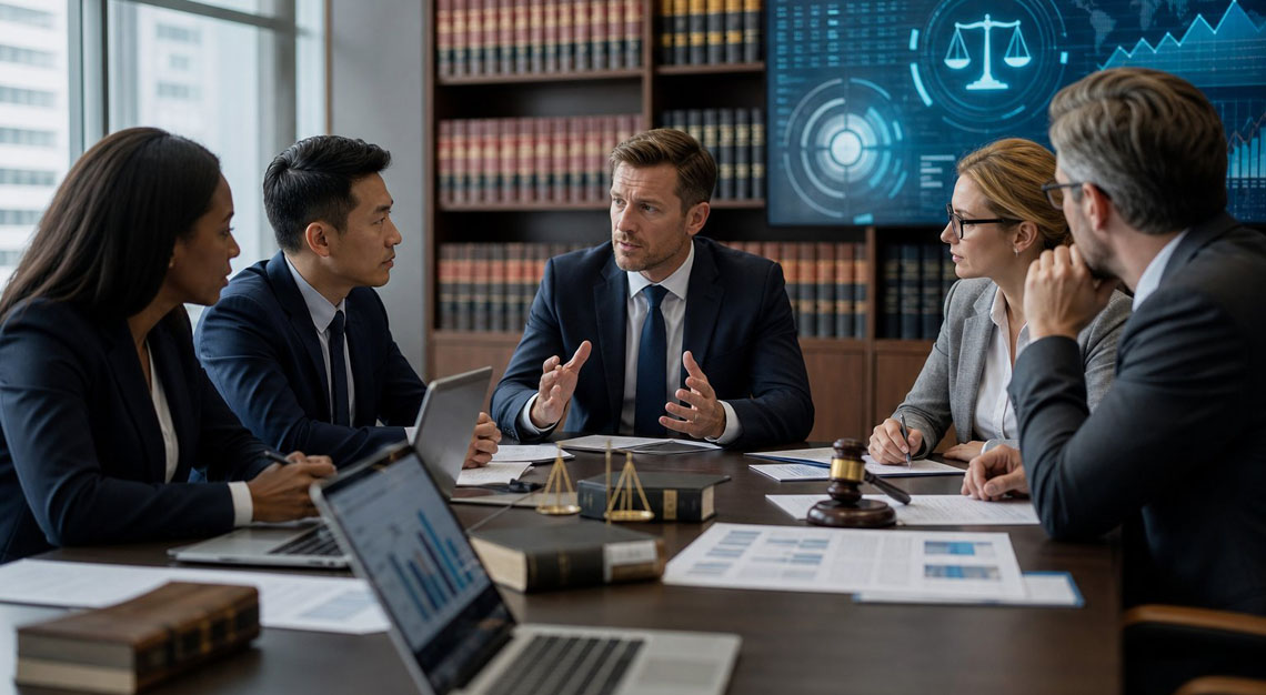 A group of professionals discussing legal documents in a modern office with law books and digital screens displaying legal data.