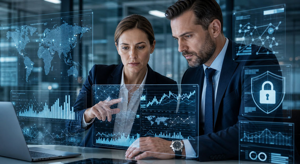 Two professionals in an office examining digital financial data on transparent screens.