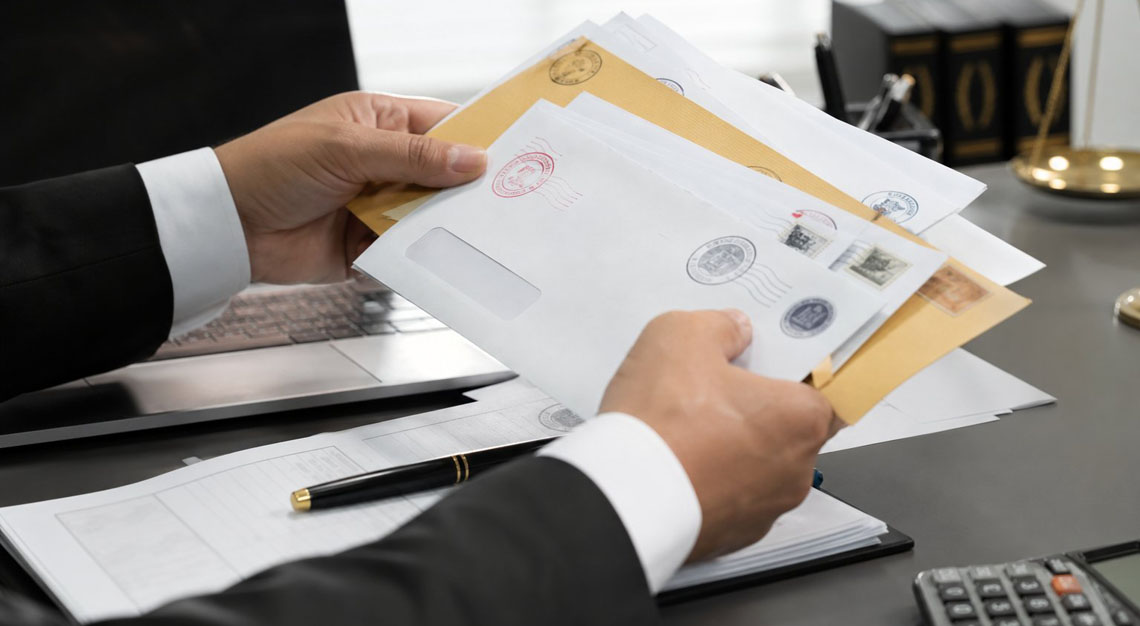 Hands sorting through envelopes on a desk with a laptop and documents in an office setting.