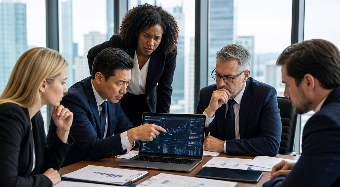 A group of business professionals in an office discussing financial documents and data around a conference table.