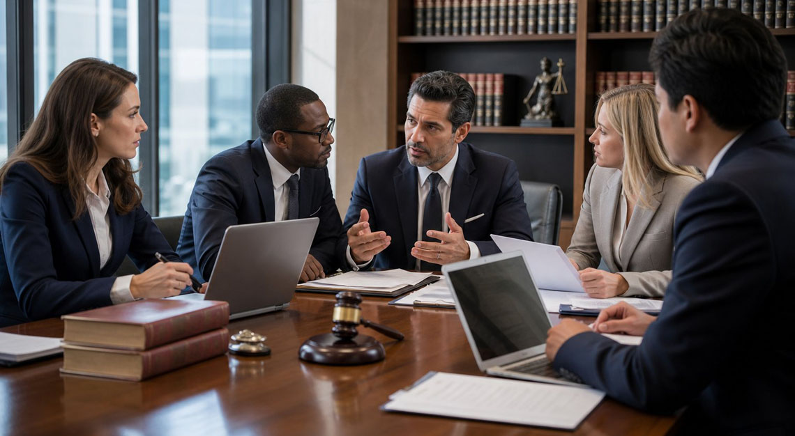 A group of professionals in a modern office discussing legal documents around a conference table.