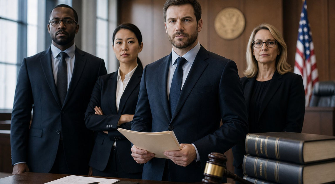 A group of legal professionals with a gavel and law books in a courtroom setting.