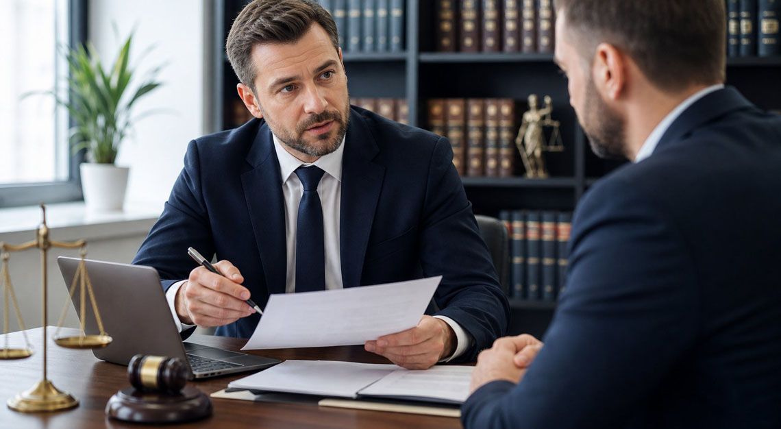 A criminal defense attorney consulting with a client in an office, discussing legal documents.