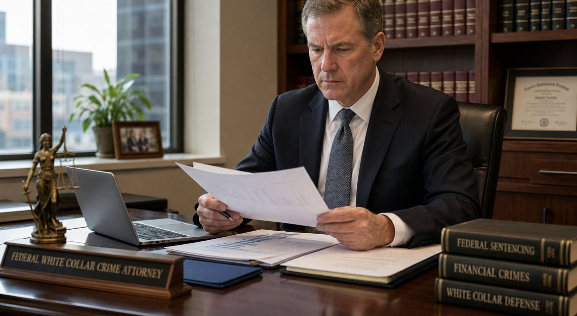 A lawyer in a suit reviewing documents at a desk in an office with bookshelves and a window in the background.