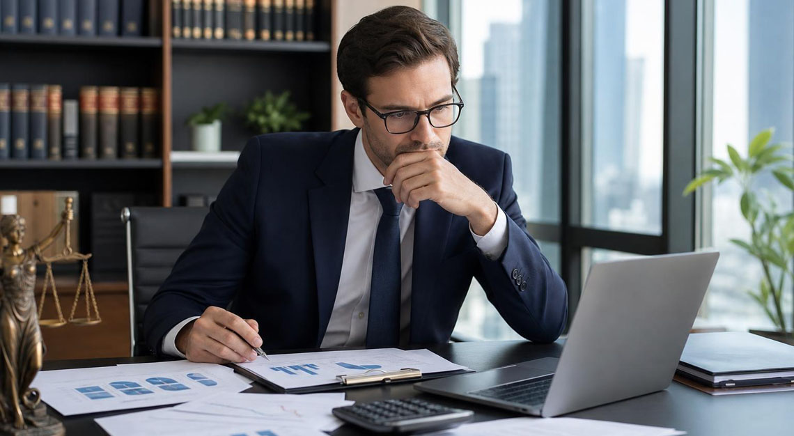 A businessperson in a suit analyzing financial documents at a desk in a modern office with city buildings visible through the window.