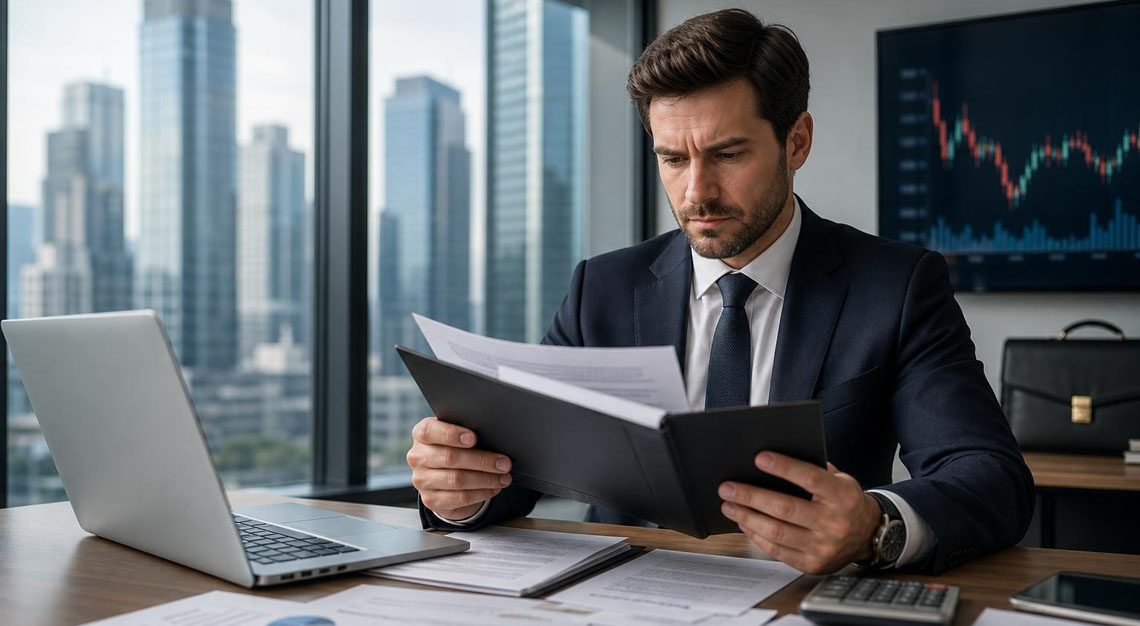 A businessperson in a suit sitting at a desk with financial documents and a laptop in a modern office.