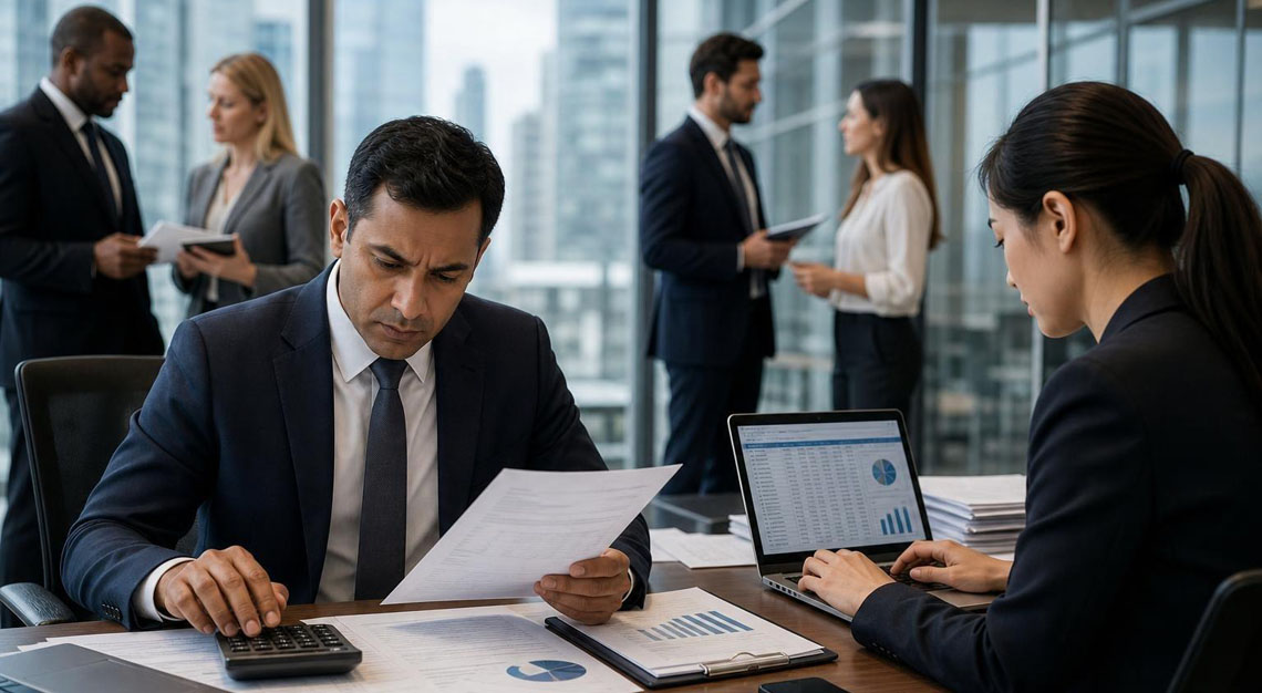 Business professionals in an office reviewing financial documents and working on laptops, representing white collar crime concepts.