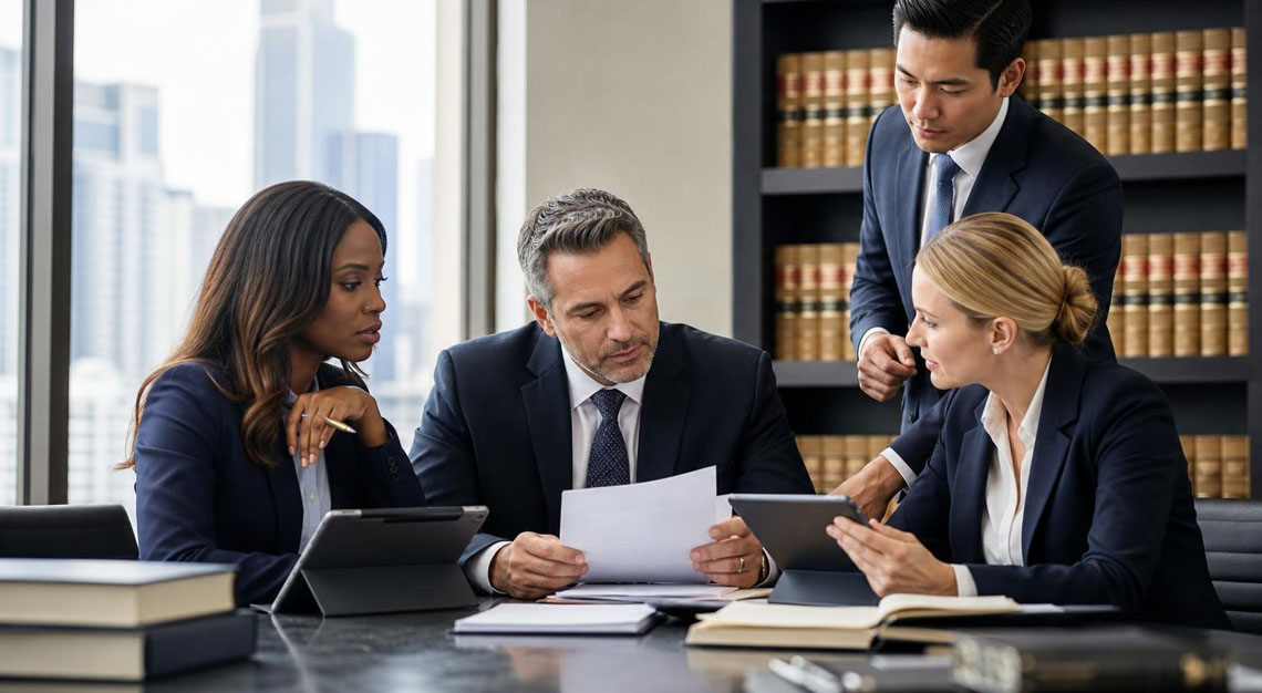 A group of attorneys reviewing legal documents together in a modern office with bookshelves and a city view.